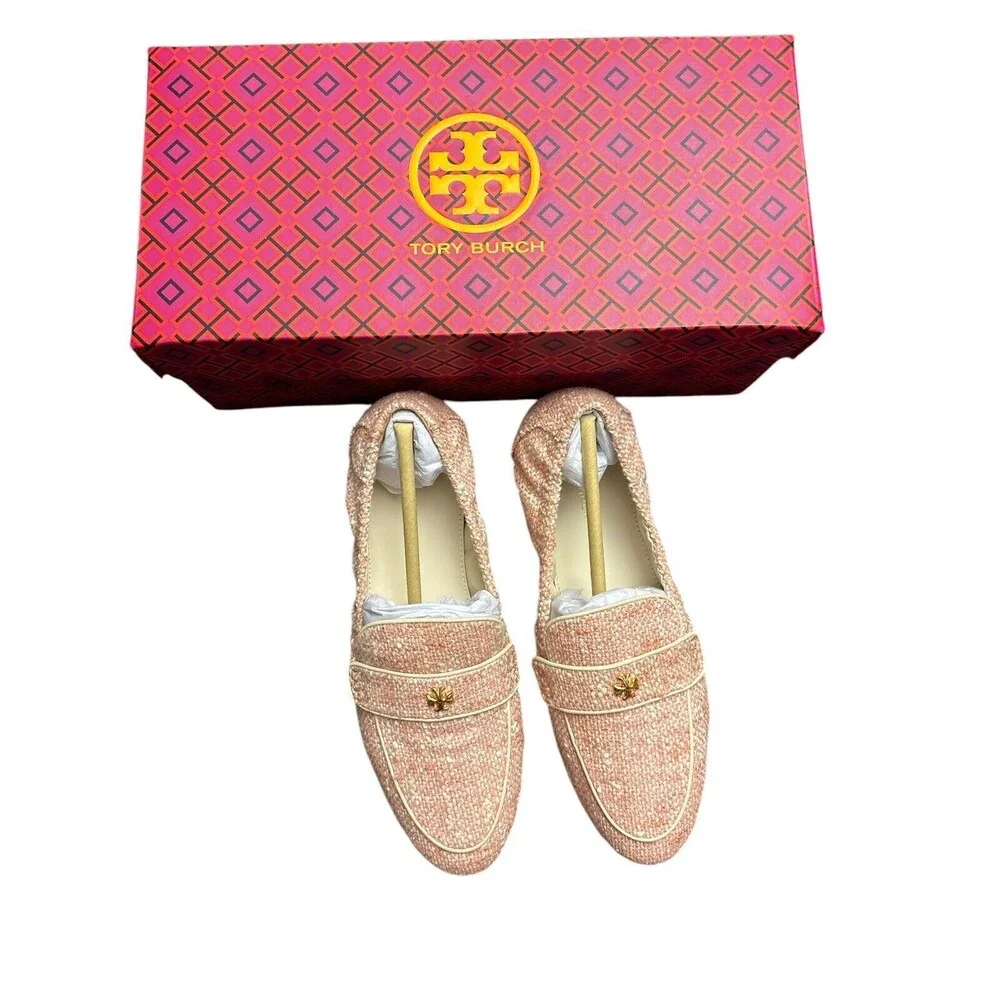 TORY BURCH TWEED BALLET LOAFER PEACH/IVORY/CREAM LEATHER TRIM SZ 6.5 New $348